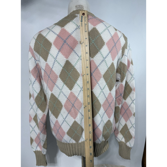 Vintage Polo Ralph Lauren Argyle Sweater M 100% Cotton Pink Tan Preppy 19 X 21 - Picture 6 of 8